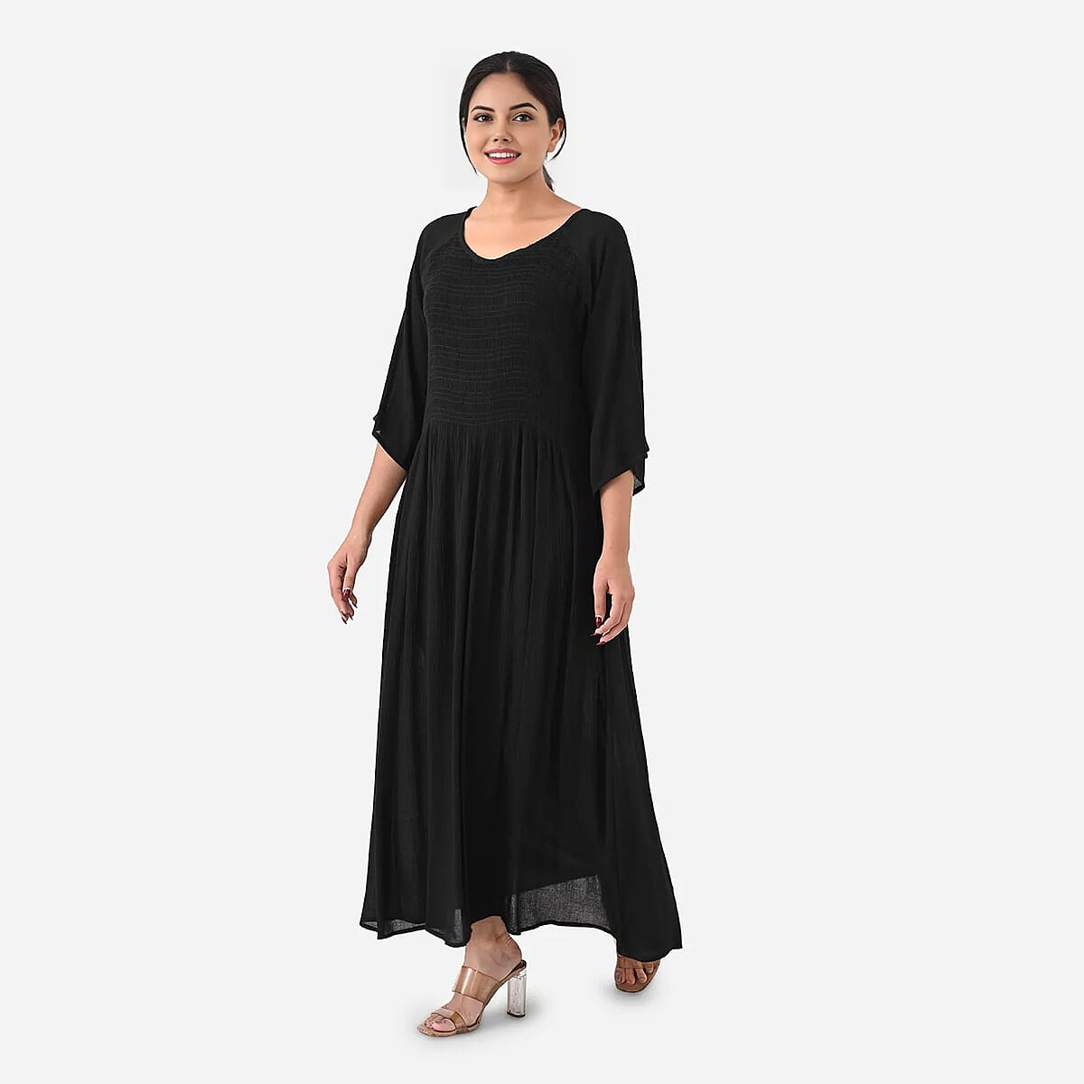Tamsy Black Rayon Crepe Smocked Bodice Dress with Bell Sleeve - One Size Fits Most image number 1