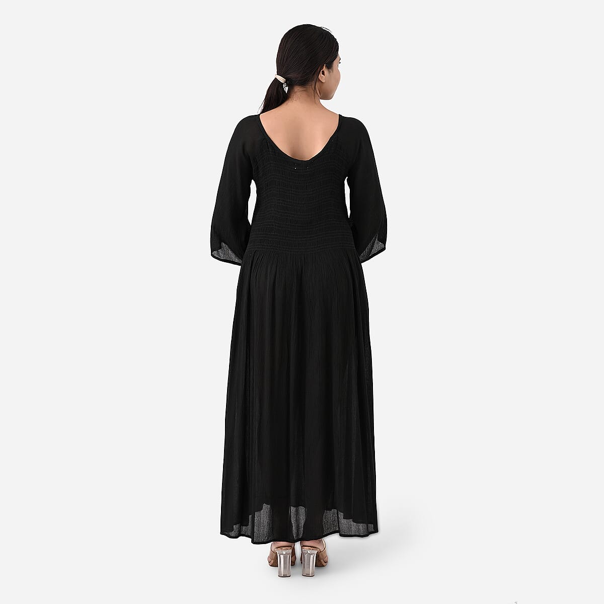 Tamsy Black Rayon Crepe Smocked Bodice Dress with Bell Sleeve - One Size Fits Most image number 2