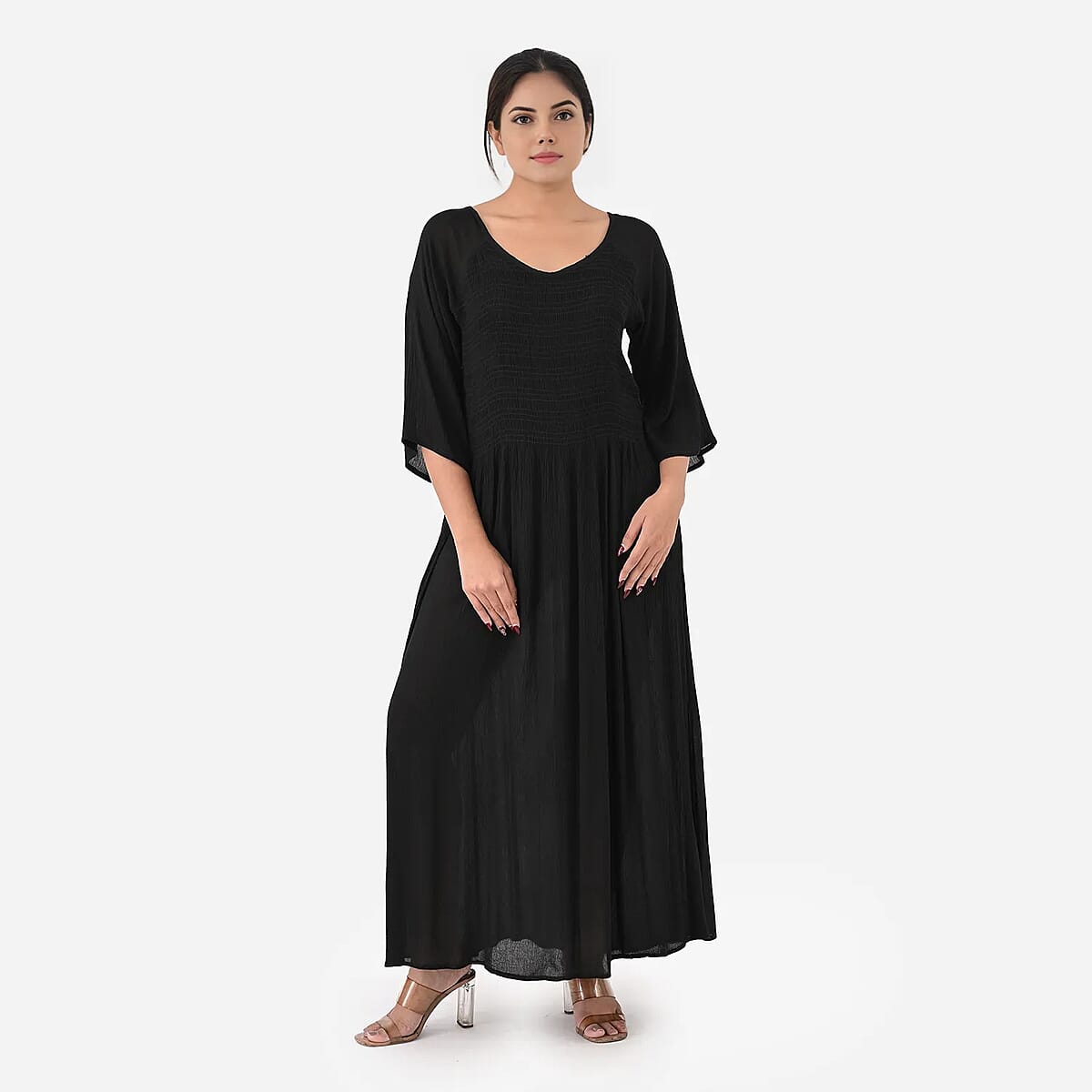 Tamsy Black Rayon Crepe Smocked Bodice Dress with Bell Sleeve - One Size Fits Most image number 3