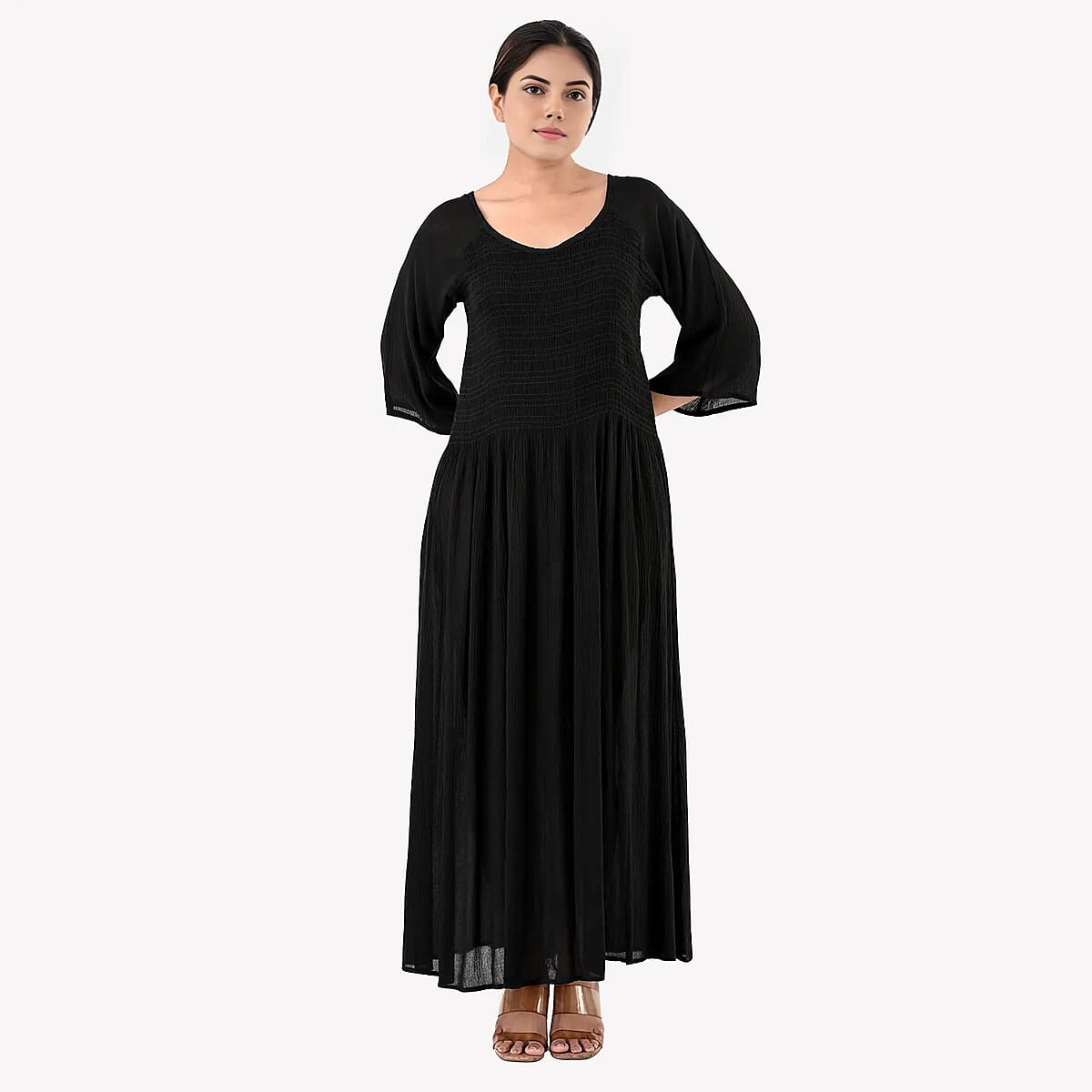 Tamsy Black Rayon Crepe Smocked Bodice Dress with Bell Sleeve - One Size Fits Most image number 4
