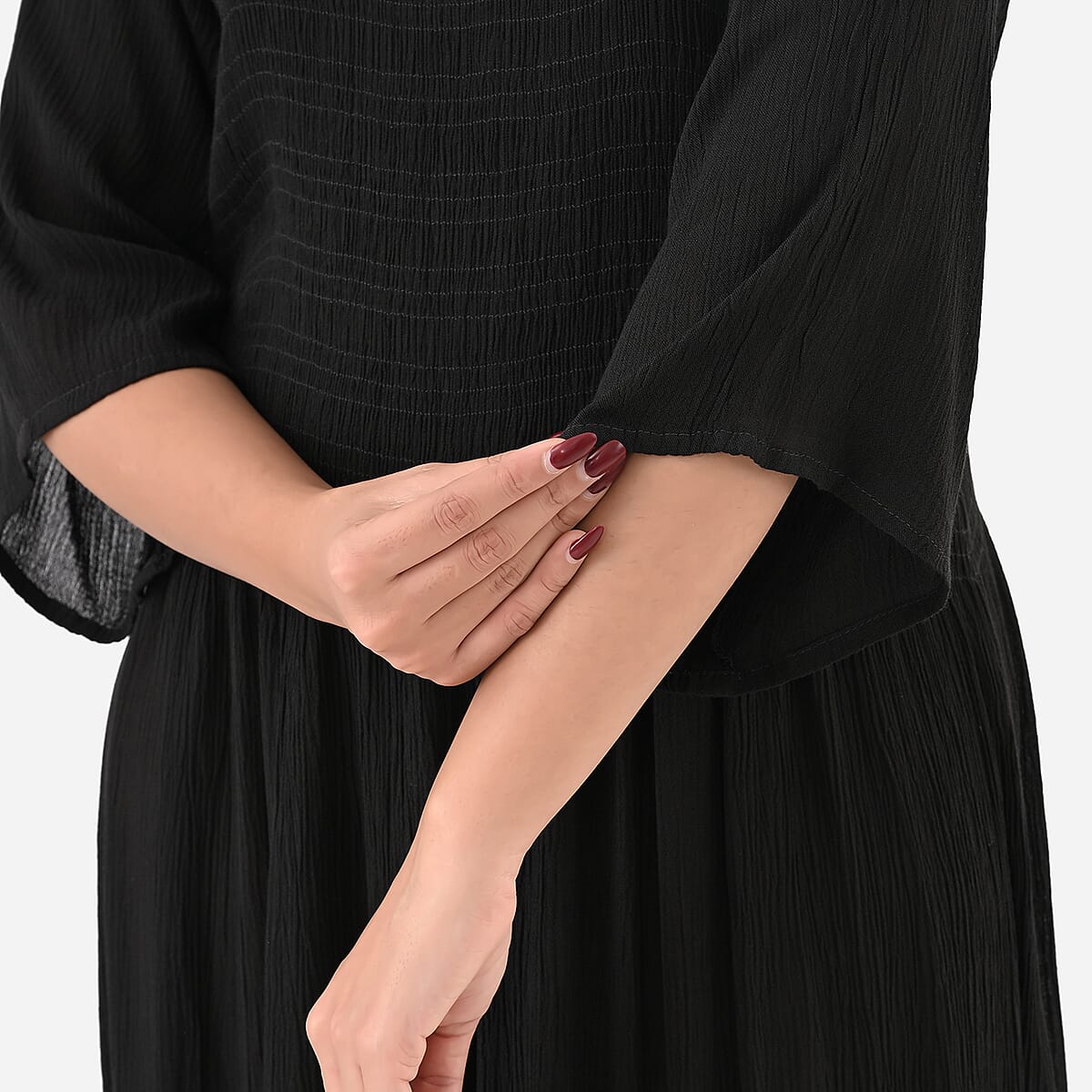 Tamsy Black Rayon Crepe Smocked Bodice Dress with Bell Sleeve - One Size Fits Most image number 6