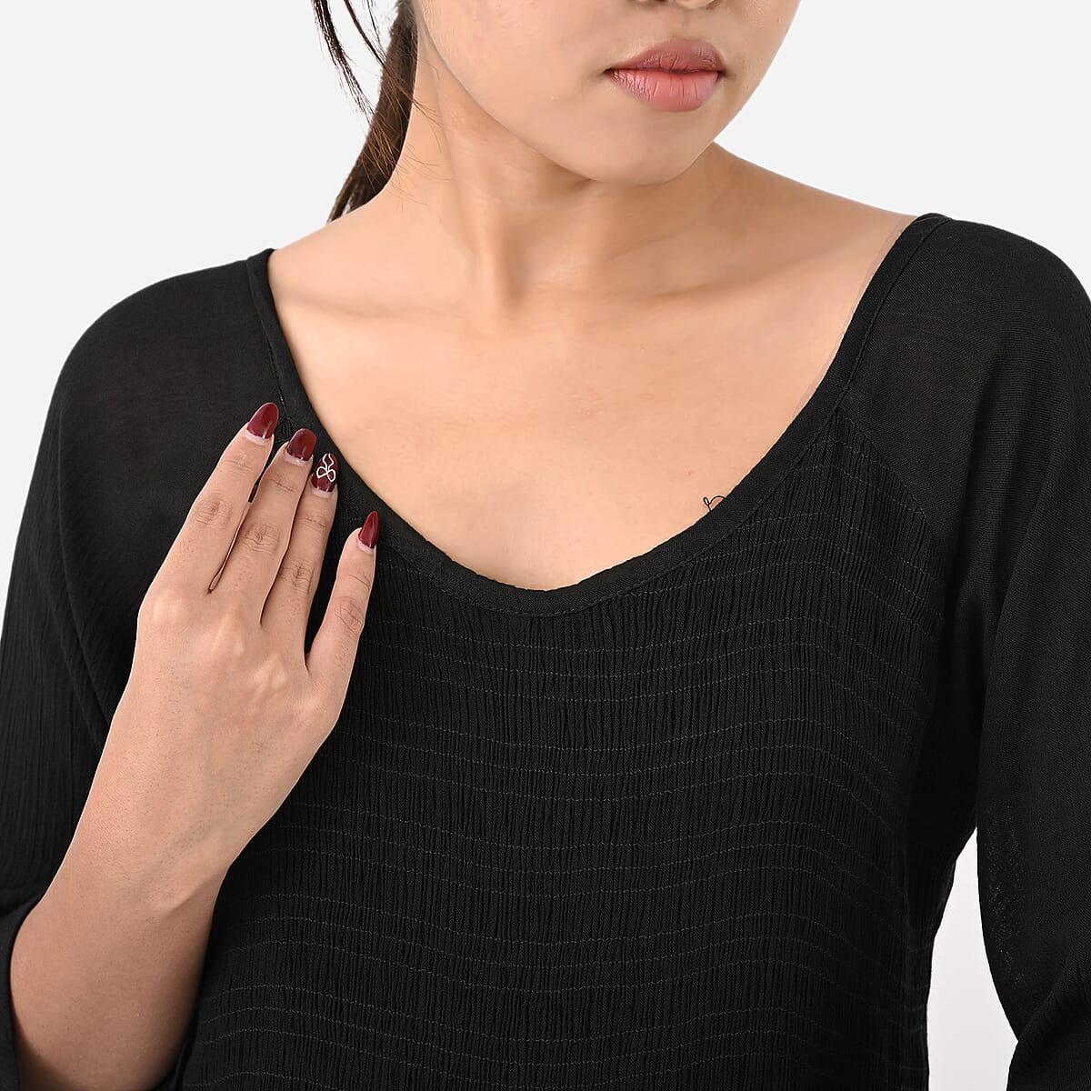 Tamsy Black Rayon Crepe Smocked Bodice Dress with Bell Sleeve - One Size Fits Most image number 7