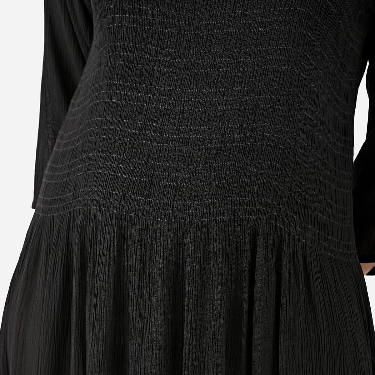 Tamsy Black Rayon Crepe Smocked Bodice Dress with Bell Sleeve - One Size Fits Most image number 8