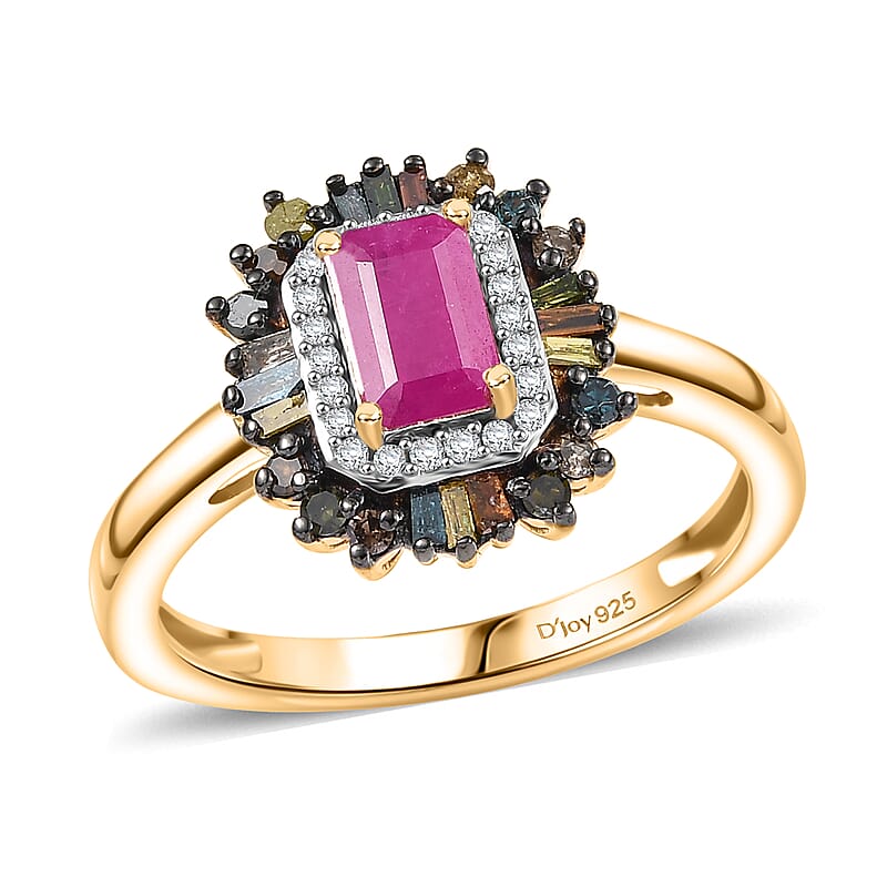 D'Joy Premium Royal Ruby and Multi Diamond 1.20 ctw Firecracker Ring in 18K Vermeil Yellow Gold Over Sterling Silver (Size 10.0)