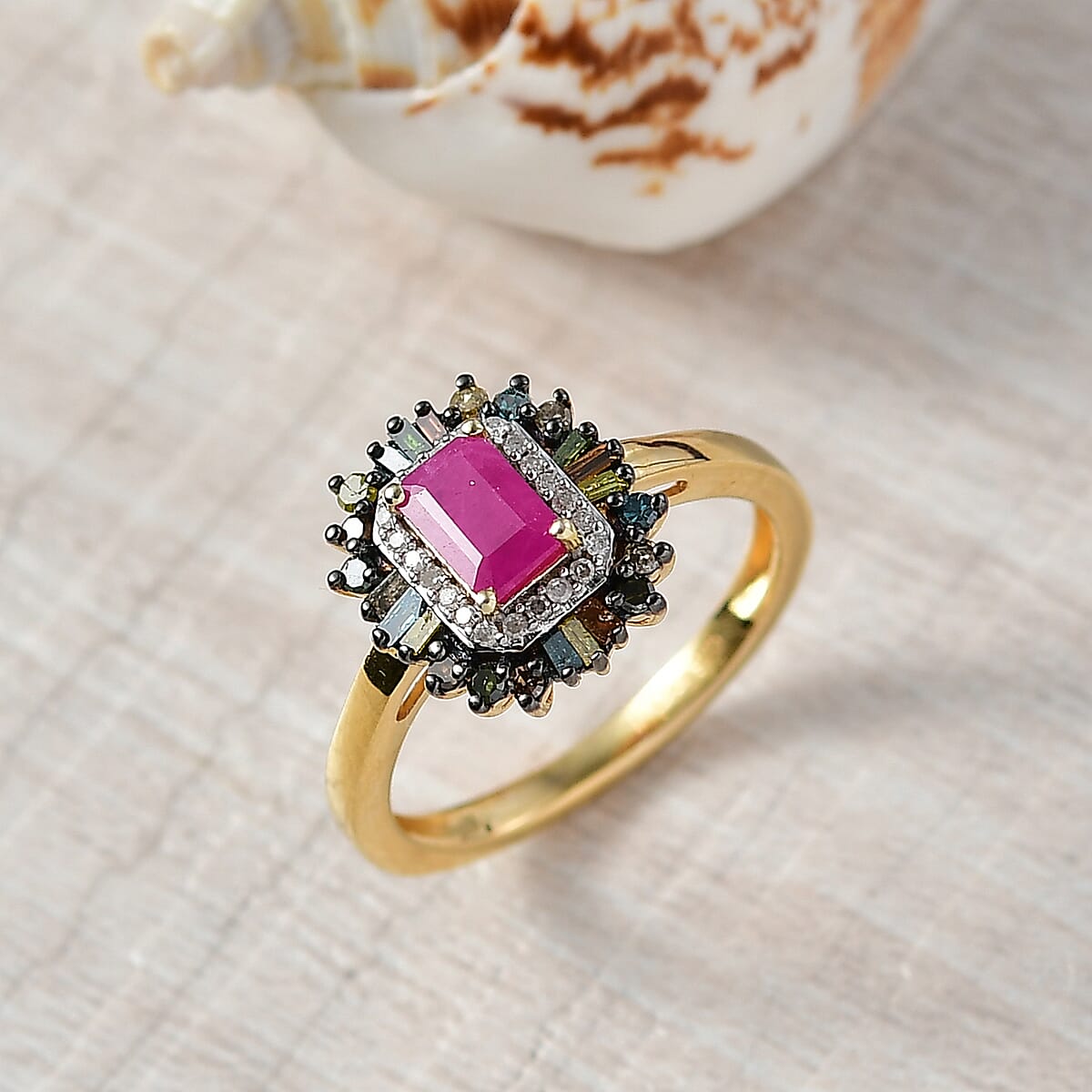D'Joy Premium Royal Ruby and Multi Diamond 1.20 ctw Ring in 18K Vermeil Yellow Gold Over Sterling Silver (Size 10.0) image number 1