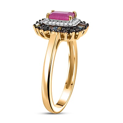 D'Joy Premium Royal Ruby and Multi Diamond 1.20 ctw Firecracker Ring in 18K Vermeil Yellow Gold Over Sterling Silver (Size 10.0)