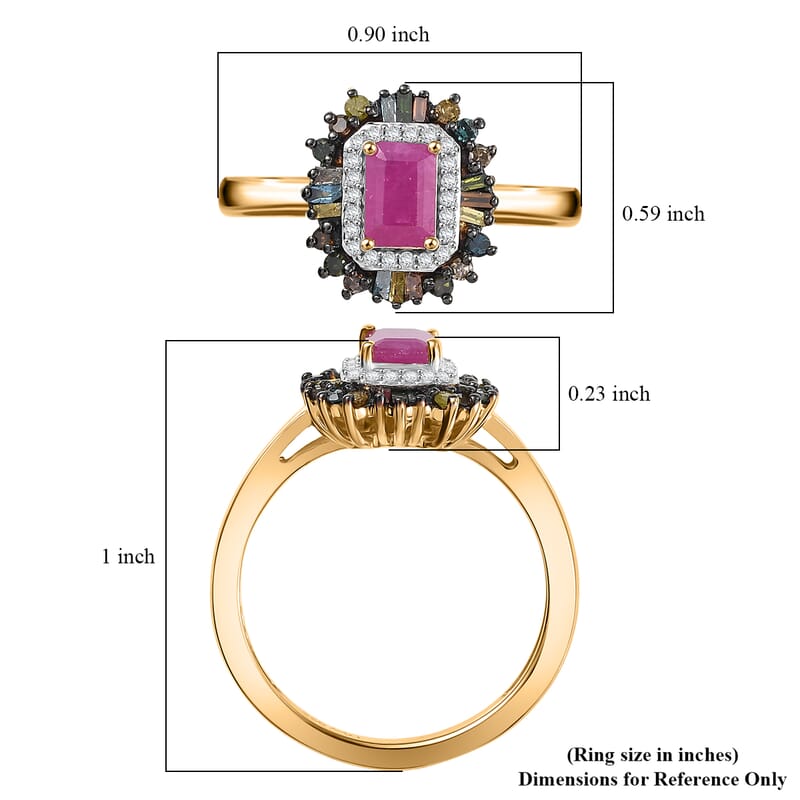 D'Joy Premium Royal Ruby and Multi Diamond 1.20 ctw Firecracker Ring in 18K Vermeil Yellow Gold Over Sterling Silver (Size 10.0)