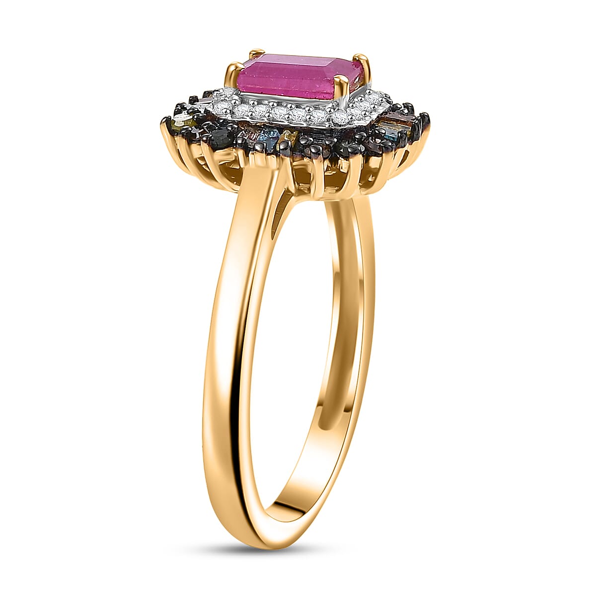 D'Joy Premium Royal Ruby and Multi Diamond 1.20 ctw Firecracker Ring in 18K Vermeil Yellow Gold Over Sterling Silver (Size 7.0) image number 3