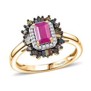 D'Joy Premium Royal Ruby and Multi Diamond 1.20 ctw Firecracker Ring in 18K Vermeil Yellow Gold Over Sterling Silver (Size 9.0)