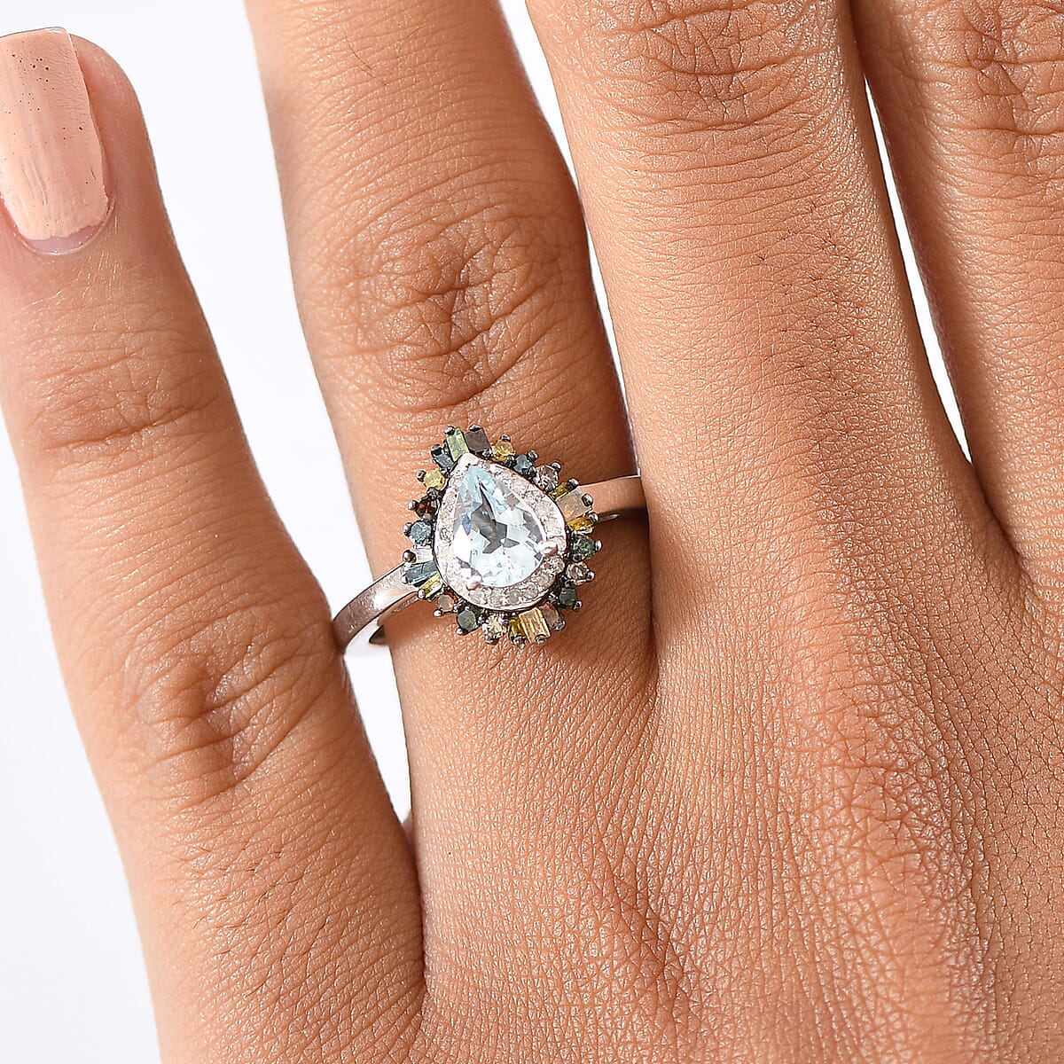 D'Joy Santa Maria Aquamarine and Multi Diamond 1.00 ctw Ring in Rhodium Over Sterling Silver (Size 5.0) image number 2