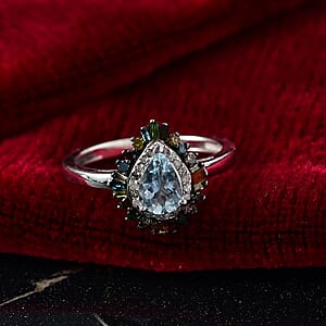 D'Joy Santa Maria Aquamarine, Multi Diamond Firecracker Ring in Rhodium Over Sterling Silver 1.00 ctw (Size 6.0)