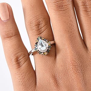 D'Joy Santa Maria Aquamarine, Multi Diamond Firecracker Ring in Rhodium Over Sterling Silver 1.00 ctw (Size 6.0)