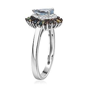 D'Joy Santa Maria Aquamarine, Multi Diamond Firecracker Ring in Rhodium Over Sterling Silver 1.00 ctw (Size 6.0)