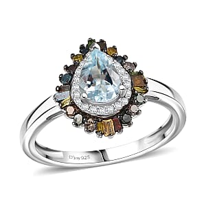 D'Joy Santa Maria Aquamarine and Multi Diamond 1.00 ctw Firecracker Ring in Rhodium Over Sterling Silver (Size 8.0)