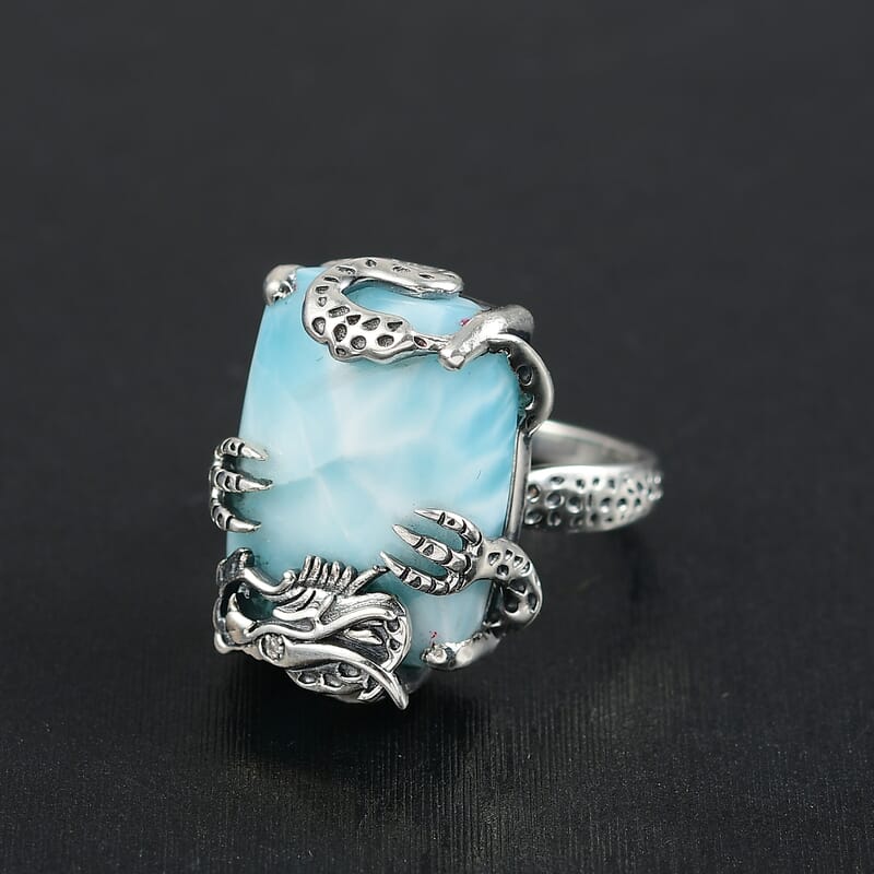 D'Joy Artisan Crafted Larimar and Diamond 22.50 ctw Dragon of Atlantis Ring in Sterling Silver (Size 10.0)