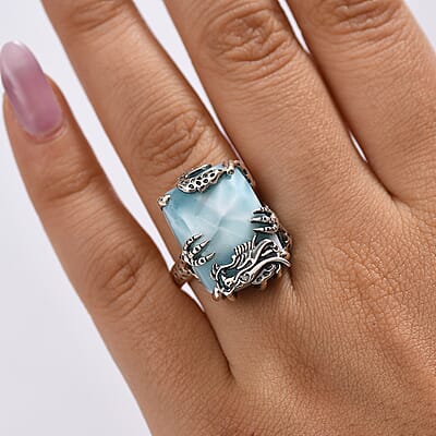 D'Joy Artisan Crafted Larimar and Diamond 22.50 ctw Dragon of Atlantis Ring in Sterling Silver (Size 10.0)