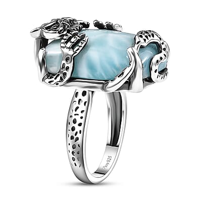 D'Joy Artisan Crafted Larimar and Diamond 22.50 ctw Dragon of Atlantis Ring in Sterling Silver (Size 10.0)