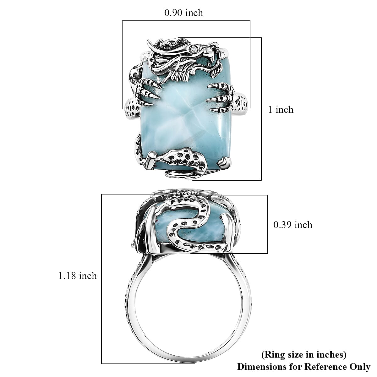 D'Joy Artisan Crafted Larimar and Diamond 22.50 ctw Dragon of Atlantis Ring in Sterling Silver (Size 10.0) image number 5
