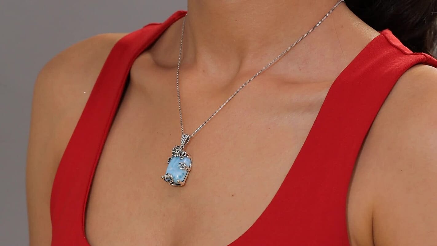 D'Joy Artisan Crafted Larimar and Diamond 22.00 ctw Dragon of Atlantis Pendant without Chain in Sterling Silver