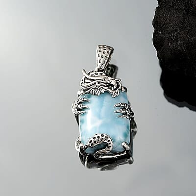 D'Joy Artisan Crafted Larimar and Diamond 22.00 ctw Dragon of Atlantis Pendant without Chain in Sterling Silver