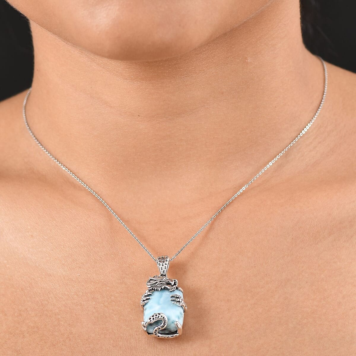 D’Joy Artisan Crafted Larimar and Diamond 22.00 ctw Pendant in Sterling Silver image number 2
