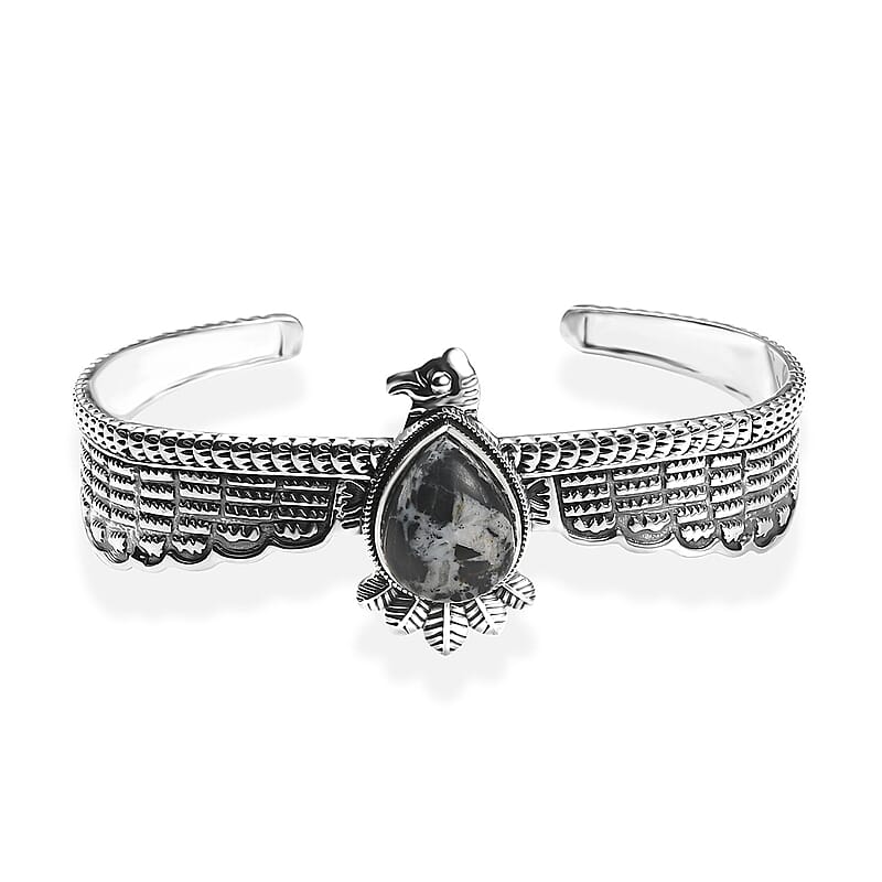 D'Joy Artisan Crafted White Buffalo 9.20 ctw Thunderbird Spirit Cuff Bracelet in Sterling Silver (7.25 In)