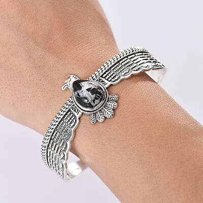 D'Joy Artisan Crafted White Buffalo 9.20 ctw Thunderbird Spirit Cuff Bracelet in Sterling Silver (7.25 In)