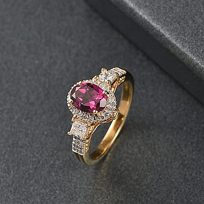D'Joy Premium Radiant Ember Garnet and Lab Grown Diamond 2.15 ctw Ring in 18K Vermeil Yellow Gold Over Sterling Silver (Size 10.0)