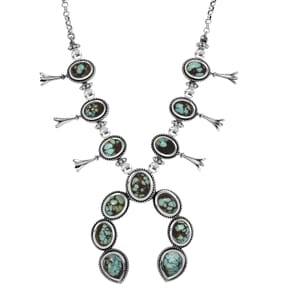 D’Joy Artisan Crafted Whispering Web Turquoise 14.60 ctw Squash Blossom Necklace 18 Inches in Sterling Silver 