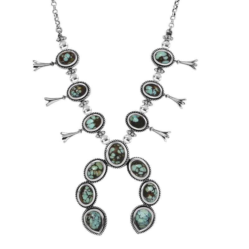 D'Joy Artisan Crafted Whispering Web Turquoise 14.60 ctw Squash Blossom Necklace 18 Inches in Sterling Silver 