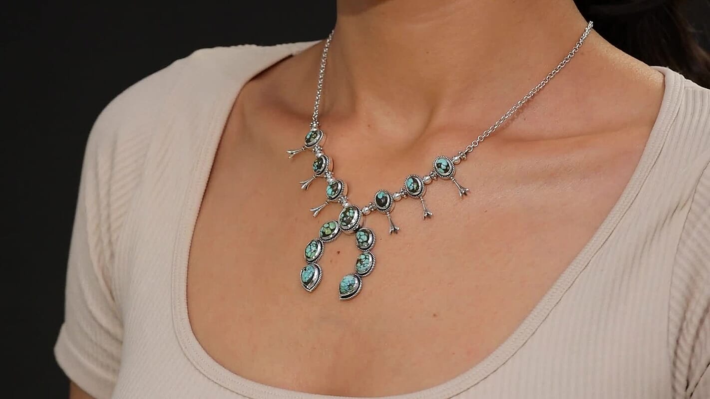 D'Joy Artisan Crafted Whispering Web Turquoise 14.60 ctw Squash Blossom Necklace 18 Inches in Sterling Silver