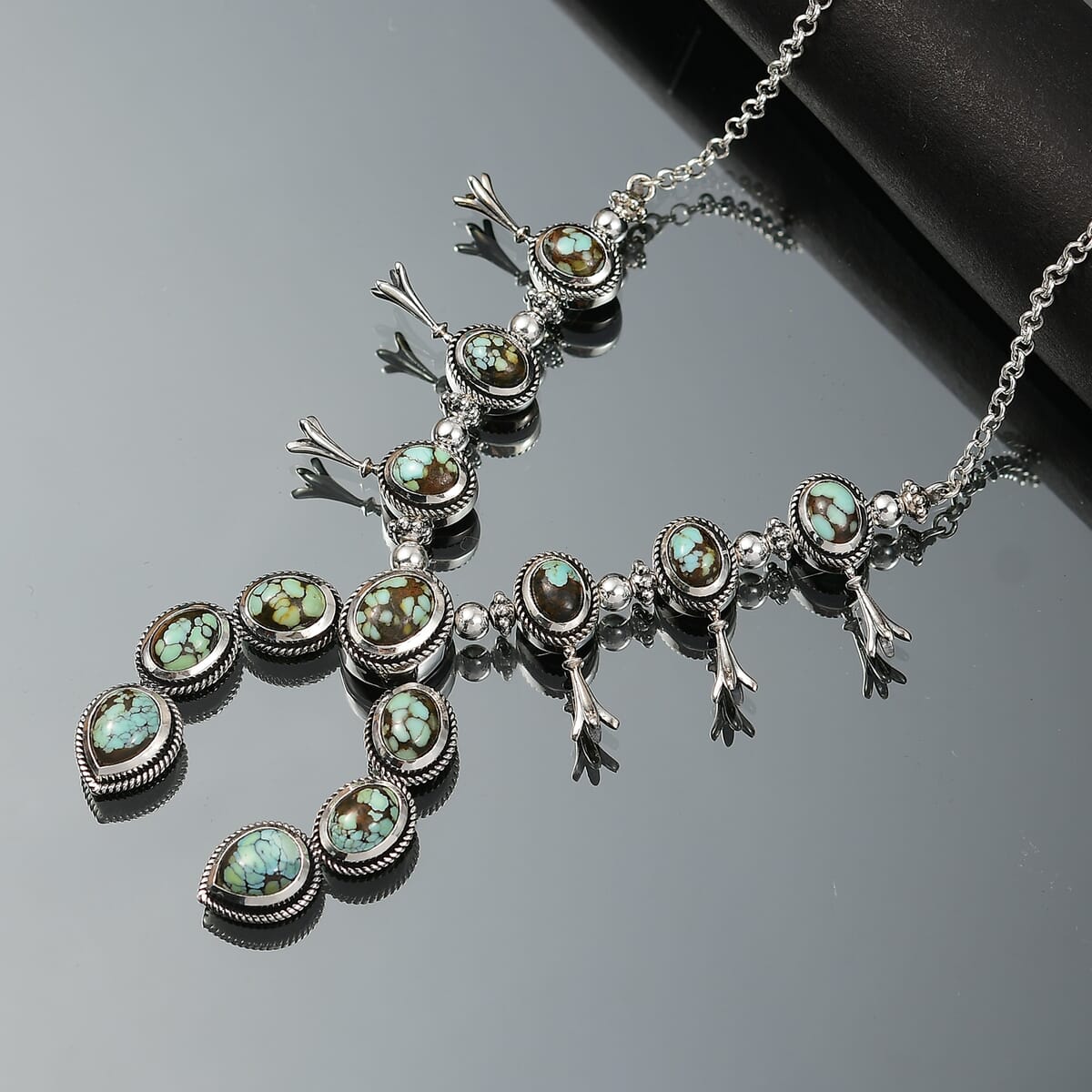 D’Joy Artisan Crafted Whispering Web Turquoise 14.60 ctw Squash Blossom Necklace 18 Inches in Sterling Silver  image number 1