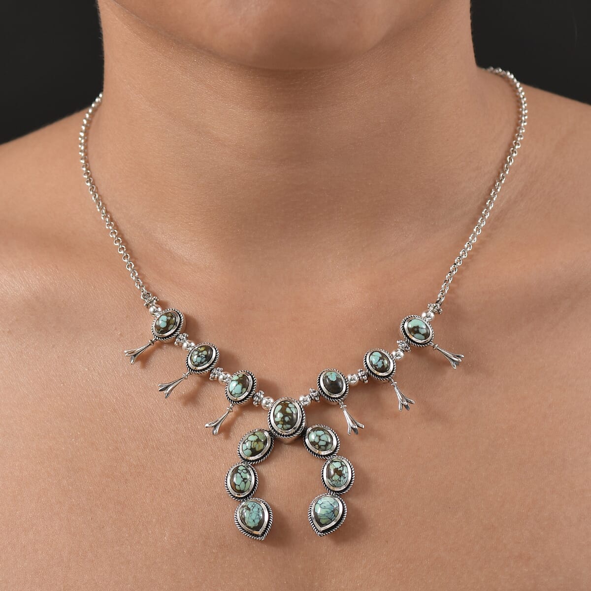D’Joy Artisan Crafted Whispering Web Turquoise 14.60 ctw Squash Blossom Necklace 18 Inches in Sterling Silver  image number 2