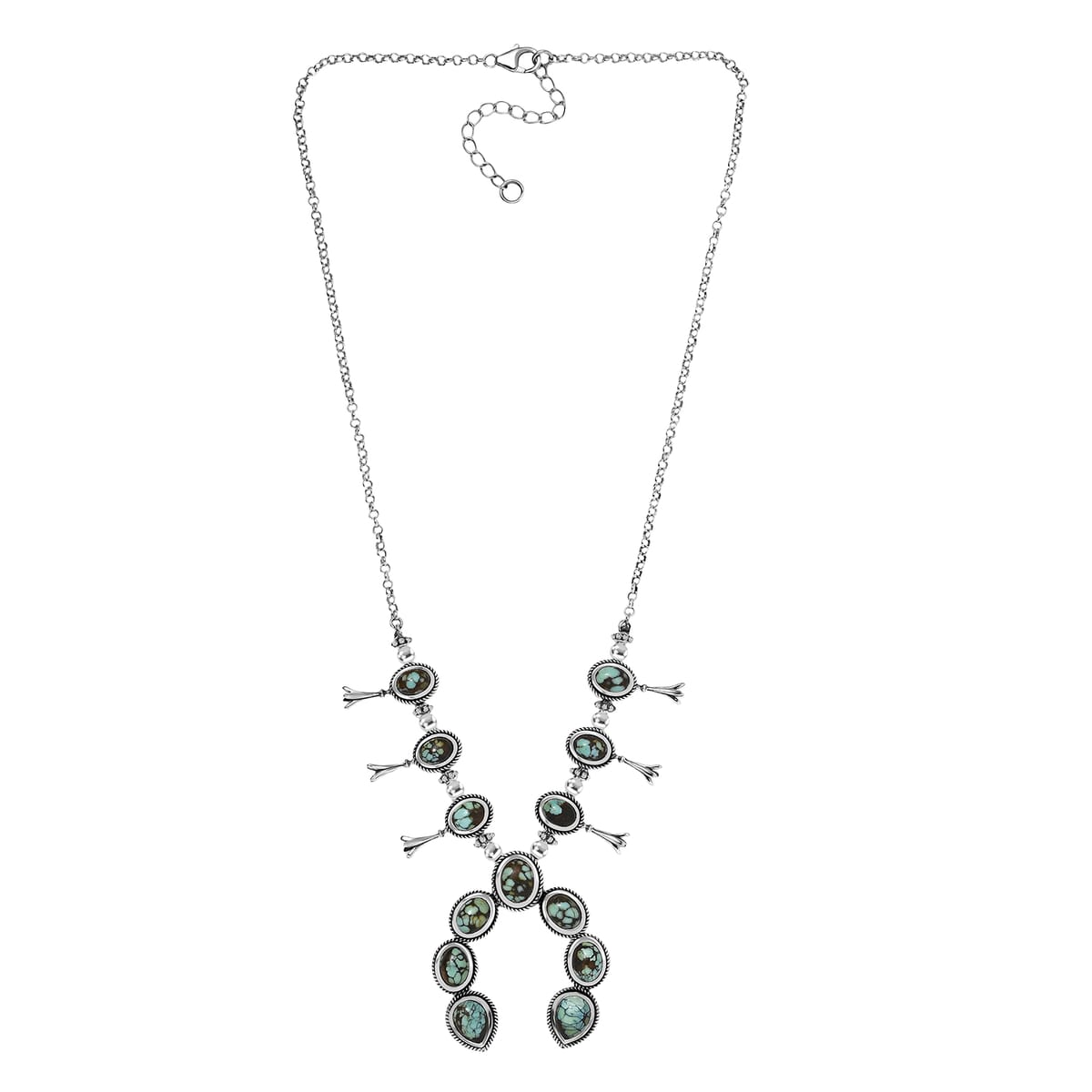 D’Joy Artisan Crafted Whispering Web Turquoise 14.60 ctw Squash Blossom Necklace 18 Inches in Sterling Silver  image number 3