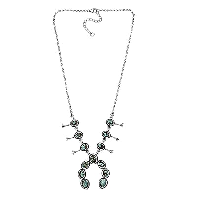 D'Joy Artisan Crafted Whispering Web Turquoise 14.60 ctw Squash Blossom Necklace 18 Inches in Sterling Silver 