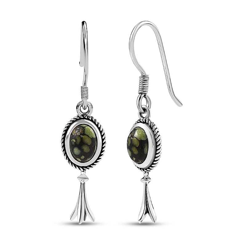 D'Joy Artisan Crafted Whispering Web Turquoise 1.65 ctw Squash Blossom Earrings in Sterling Silver 