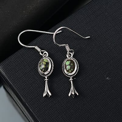 D'Joy Artisan Crafted Whispering Web Turquoise 1.65 ctw Squash Blossom Earrings in Sterling Silver 