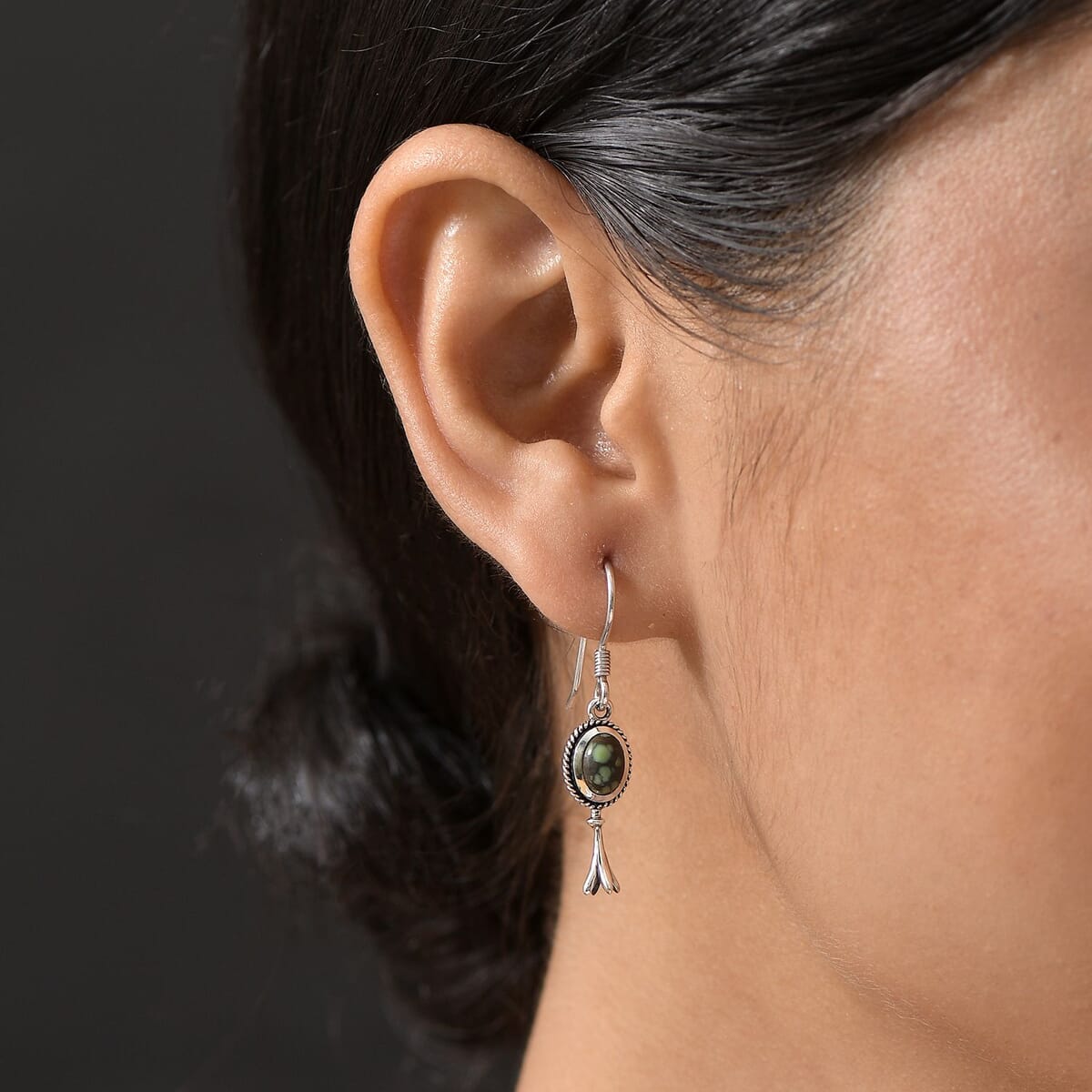 D’Joy Artisan Crafted Whispering Web Turquoise 1.65 ctw Squash Blossom Earrings in Sterling Silver  image number 2