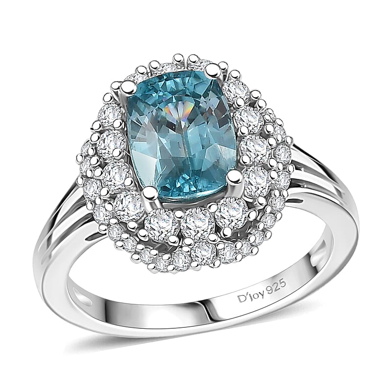 D'Joy Premium Cambodian Blue Zircon and White Zircon 3.50 ctw Crown of the Tide Ring in Rhodium Over Sterling Silver (Size 10.0)
