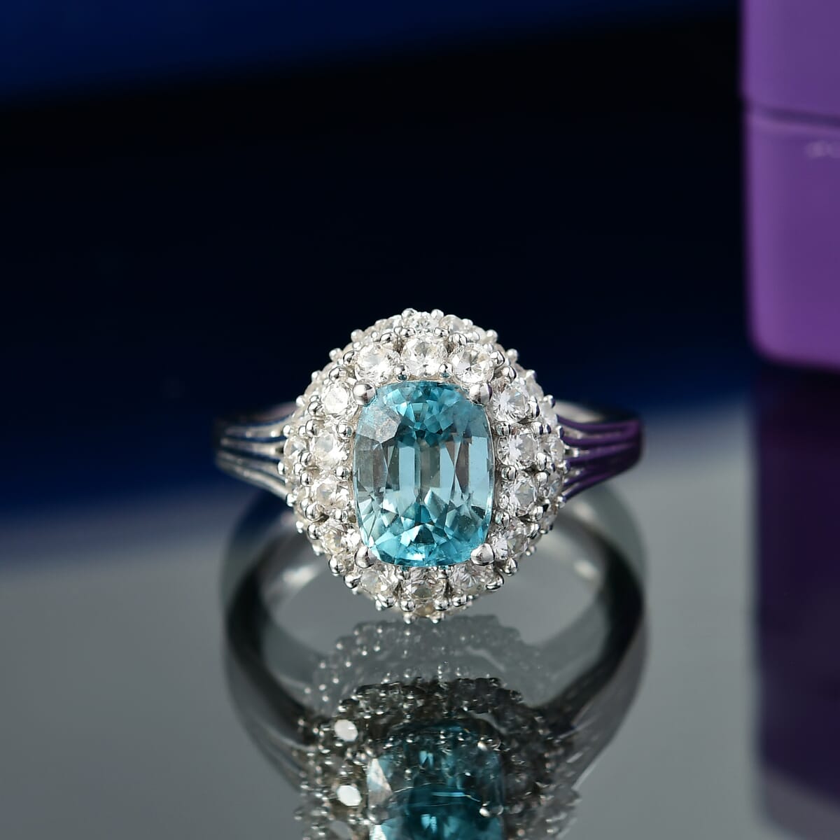 D'Joy Premium Cambodian Blue Zircon and White Zircon 3.50 ctw Crown of the Tide Ring in Rhodium Over Sterling Silver (Size 10.0) image number 1