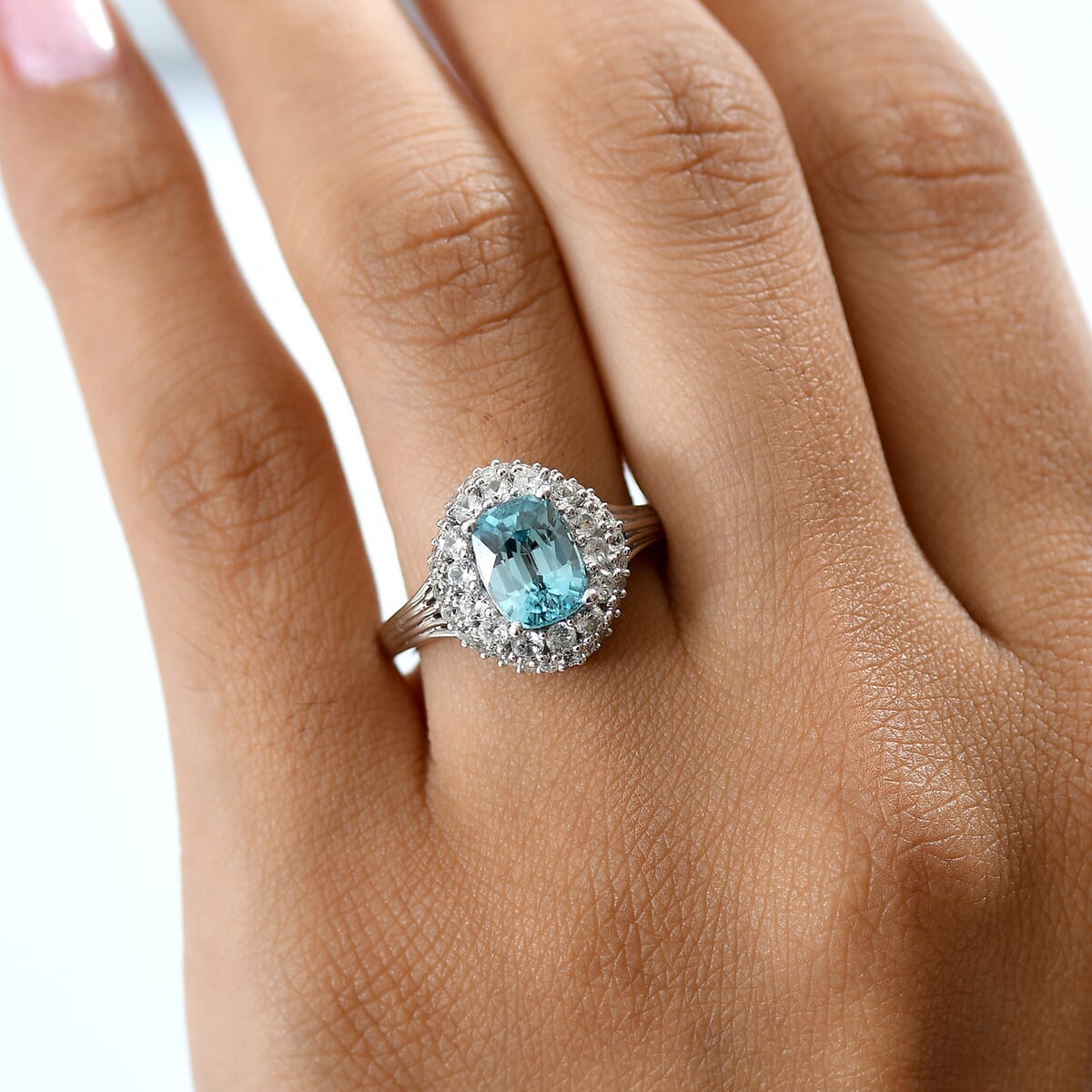 D'Joy Premium Cambodian Blue Zircon and White Zircon 3.50 ctw Crown of the Tide Ring in Rhodium Over Sterling Silver (Size 10.0) image number 2