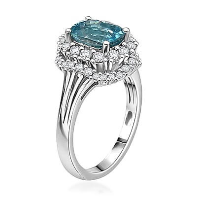D'Joy Premium Cambodian Blue Zircon and White Zircon 3.50 ctw Crown of the Tide Ring in Rhodium Over Sterling Silver (Size 10.0)
