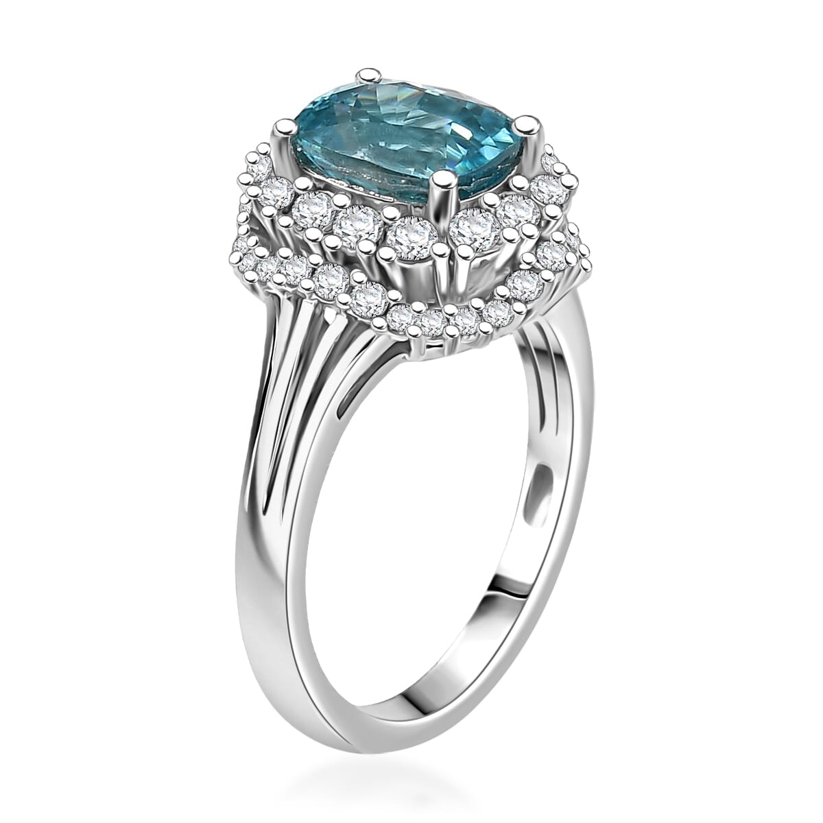 D'Joy Premium Cambodian Blue Zircon and White Zircon 3.50 ctw Crown of the Tide Ring in Rhodium Over Sterling Silver (Size 8.0) image number 3