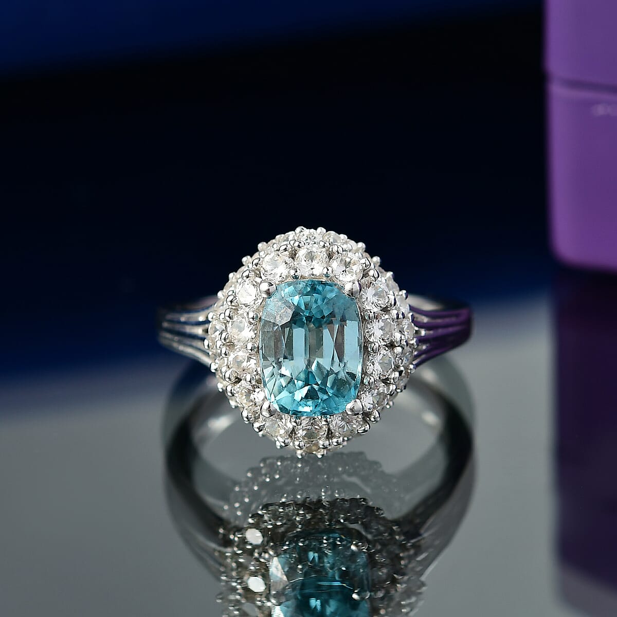 D'Joy Premium Cambodian Blue Zircon and White Zircon 3.50 ctw Crown of the Tide Ring in Rhodium Over Sterling Silver (Size 9.0) image number 1