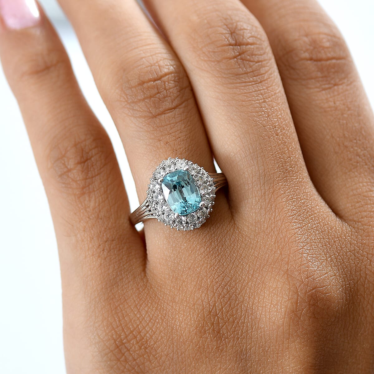 D'Joy Premium Cambodian Blue Zircon and White Zircon 3.50 ctw Crown of the Tide Ring in Rhodium Over Sterling Silver (Size 9.0) image number 2
