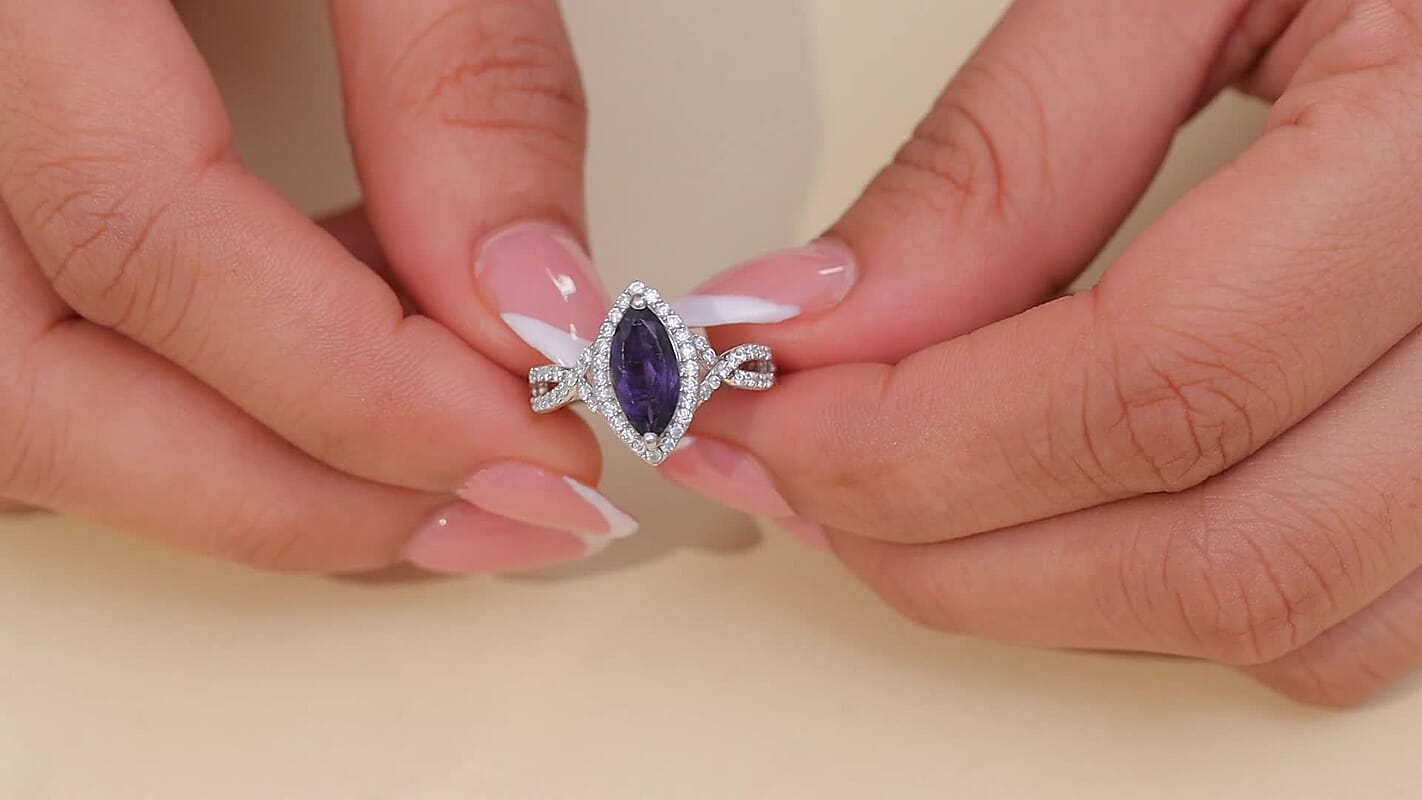 D'Joy Catalina Iolite and Moissanite 2.00 ctw Ring in Rhodium Over Sterling Silver
