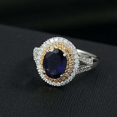D'Joy Catalina Iolite and Multi Gemstone 2.10 ctw Solar Halo Ring in Rhodium Over Sterling Silver (Size 10.0)