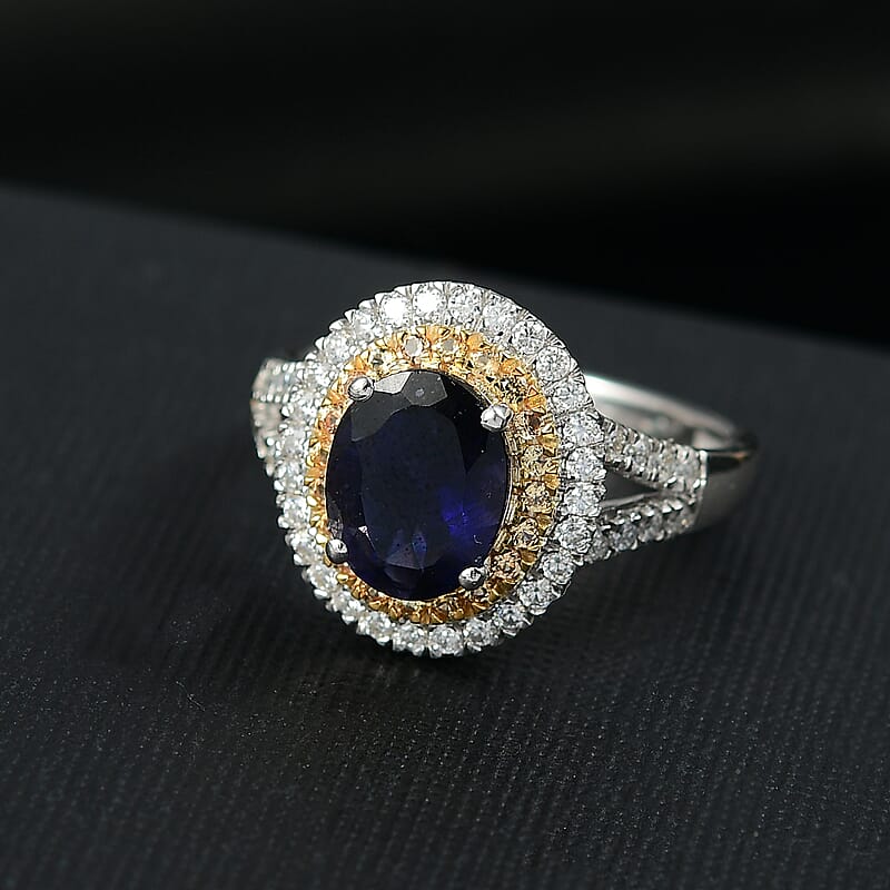D'Joy Catalina Iolite and Multi Gemstone 2.10 ctw Solar Halo Ring in Rhodium Over Sterling Silver (Size 6.0)