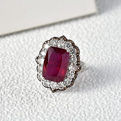 D'Joy Niassa Ruby (FF), White and Chocolate Zircon 15.20 ctw Art Deco Ring in Rhodium Over Sterling Silver (Size 10.0)