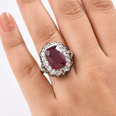 D'Joy Niassa Ruby (FF), White and Chocolate Zircon 15.20 ctw Art Deco Ring in Rhodium Over Sterling Silver (Size 10.0)